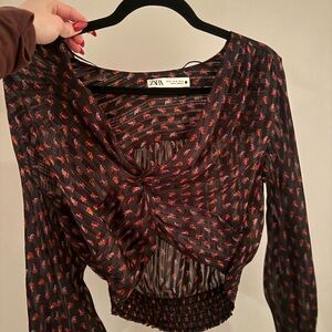 Zara Black and Red Patterned Blouse